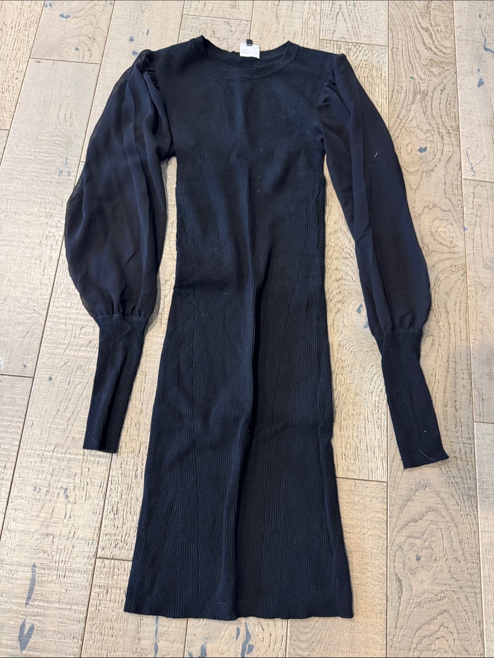 CAbi Black Knit Midi Dress with Sheer Puff Long Sleeves